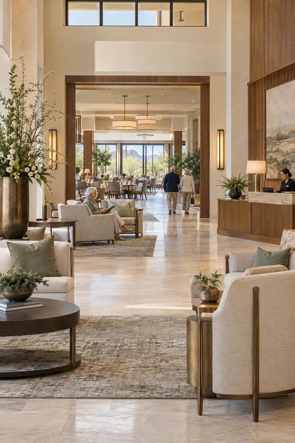Illustrative larger community: residents in a spacious lounge with reception and shared dining beyond