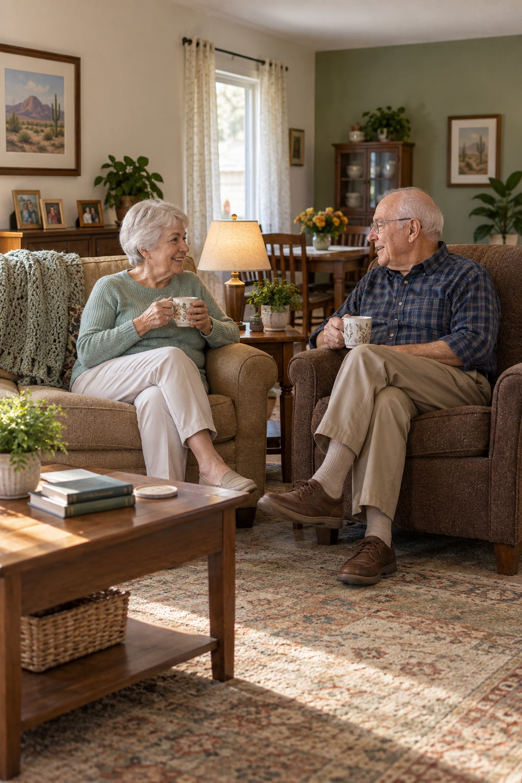 Illustrative small home: two older adults share tea and conversation in a familiar living room