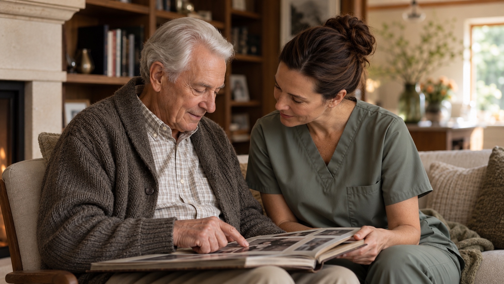 Illustrative care moment: a resident and caregiver in sage clothing look through a family album together