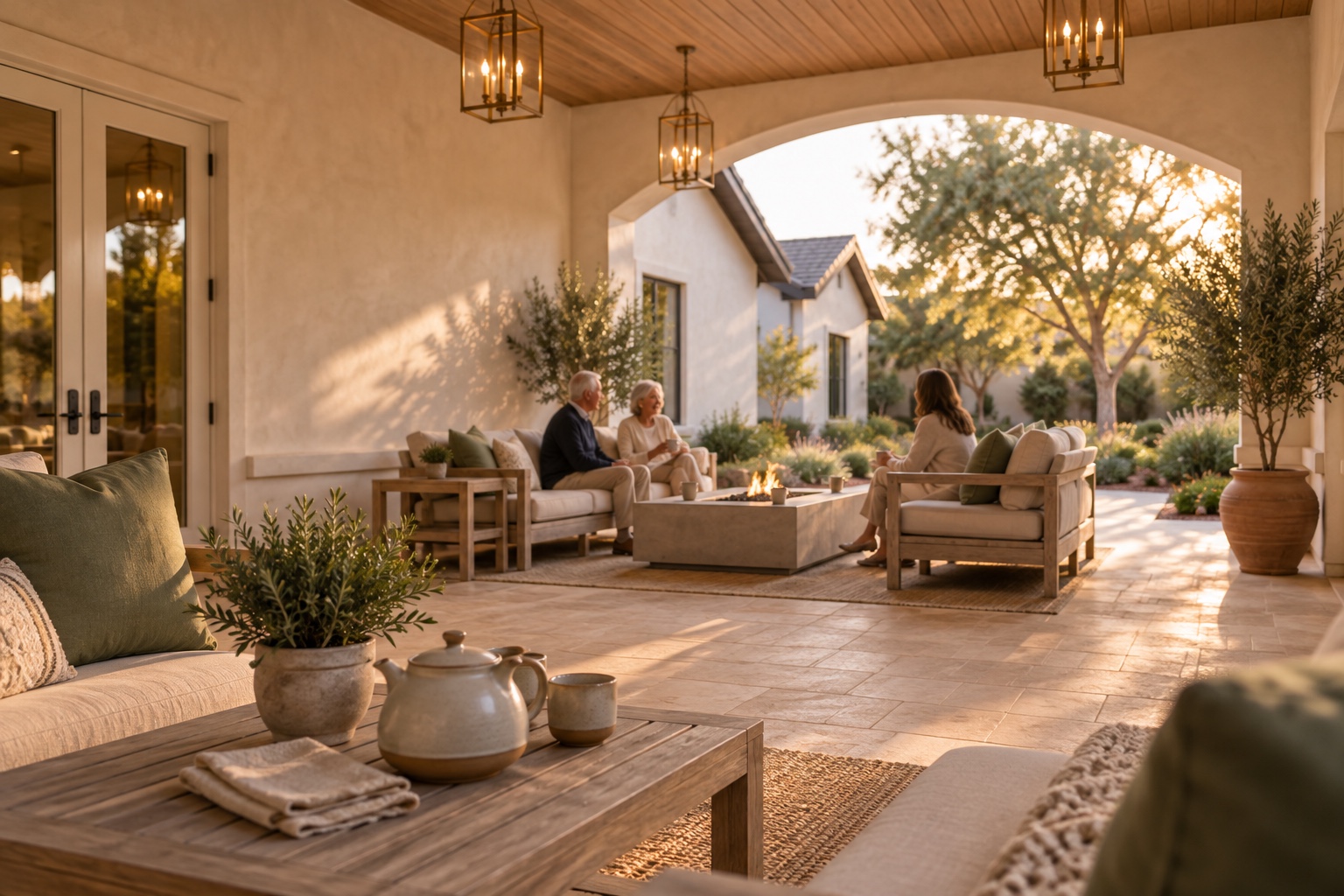 Illustrative covered courtyard with older residents and a family visitor sharing time beneath a broad plaster arch