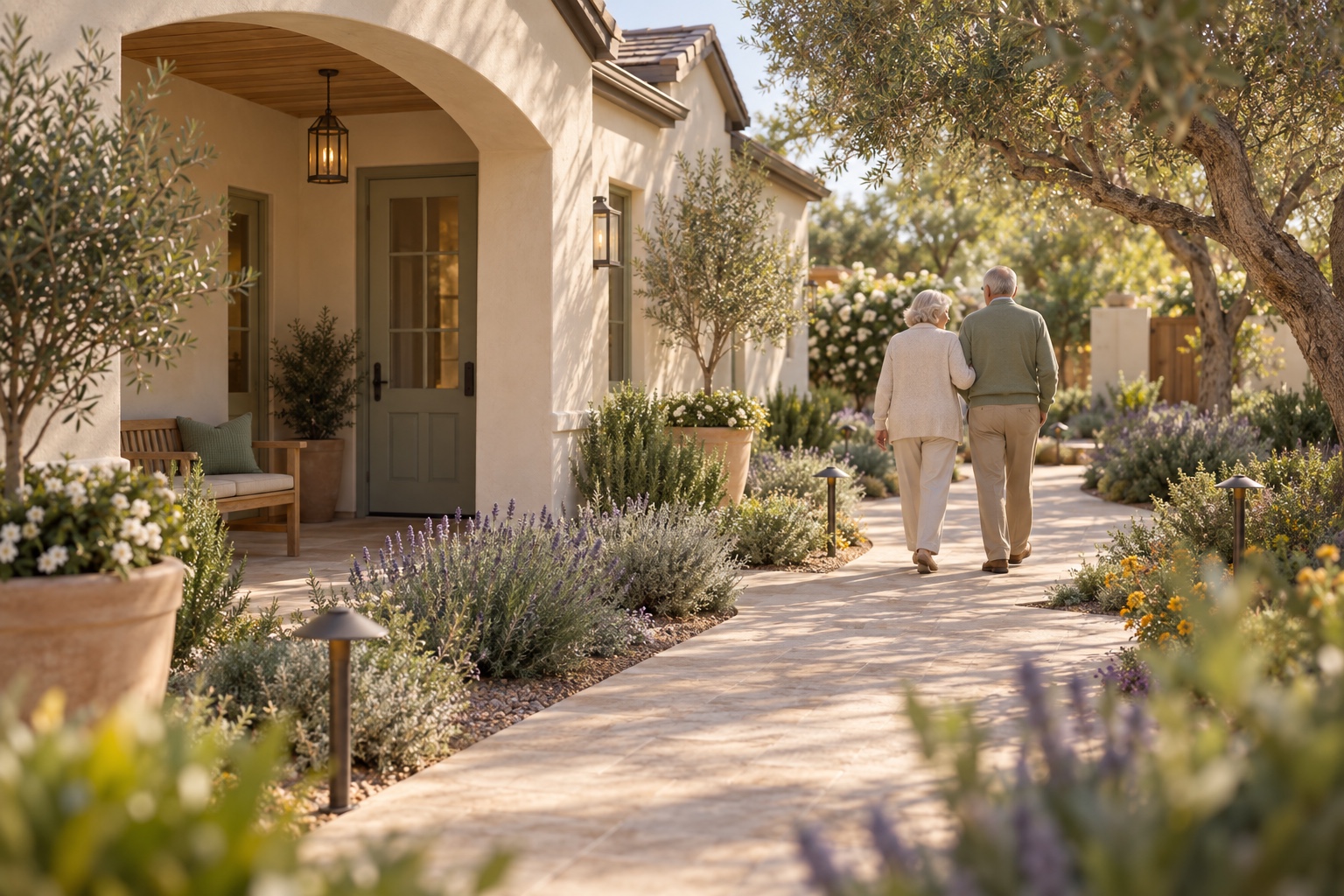 Illustrative garden walkway with an older couple walking together beside a warm residential home