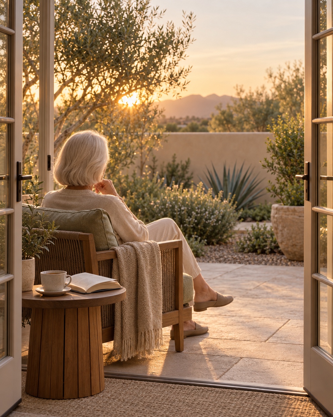 Illustrative private patio: an older woman sits outside open doors with a cup of tea and a book at sunset