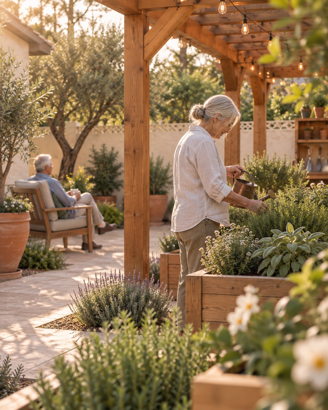 Illustrative resident garden: an older woman tends herbs in raised wooden planting beds beneath a pergola