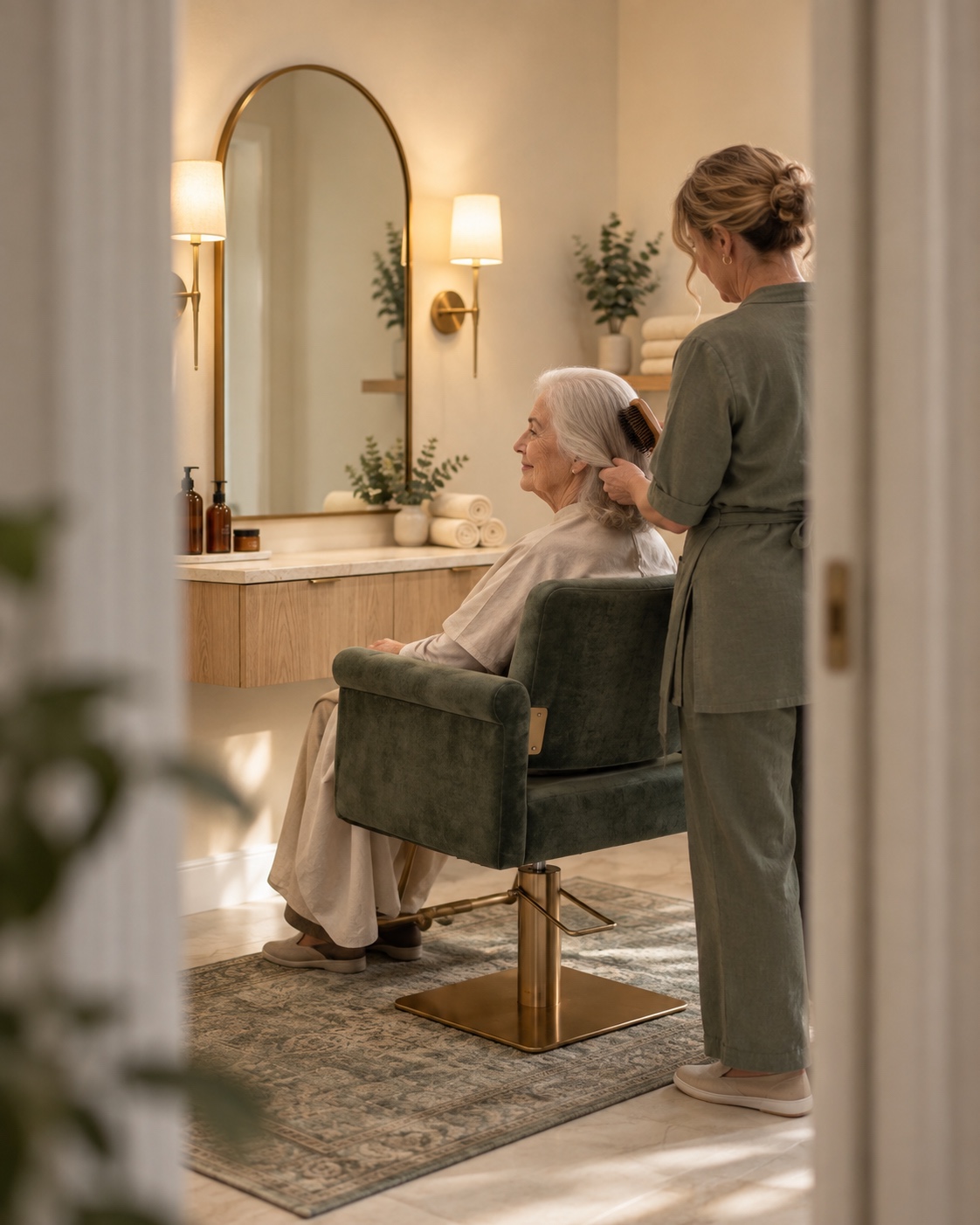 Illustrative one-chair residential salon: a stylist gently brushes an older woman’s hair