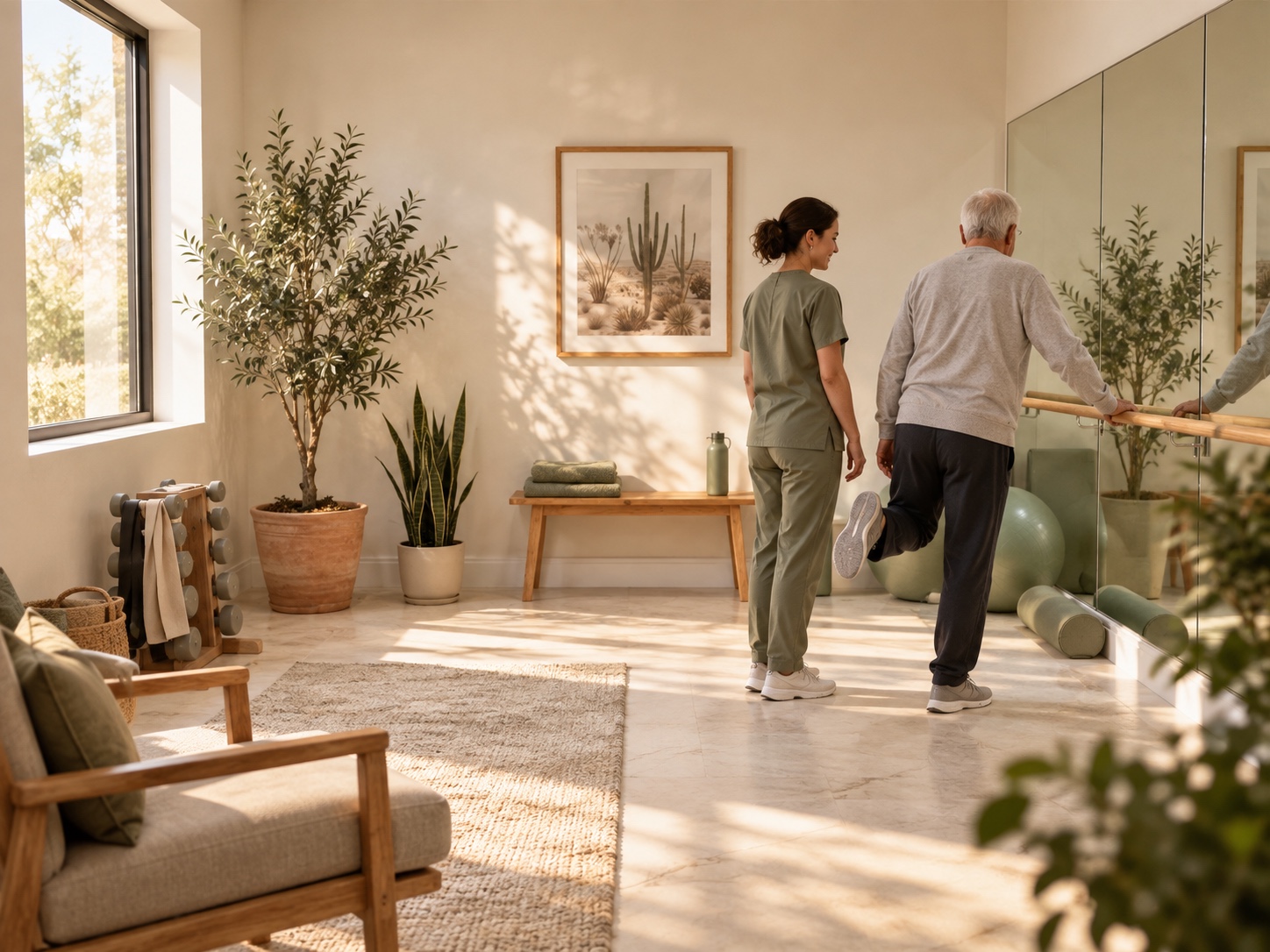 Illustrative wellness studio: an older man moves gently at a support barre beside a caregiver in sage clothing