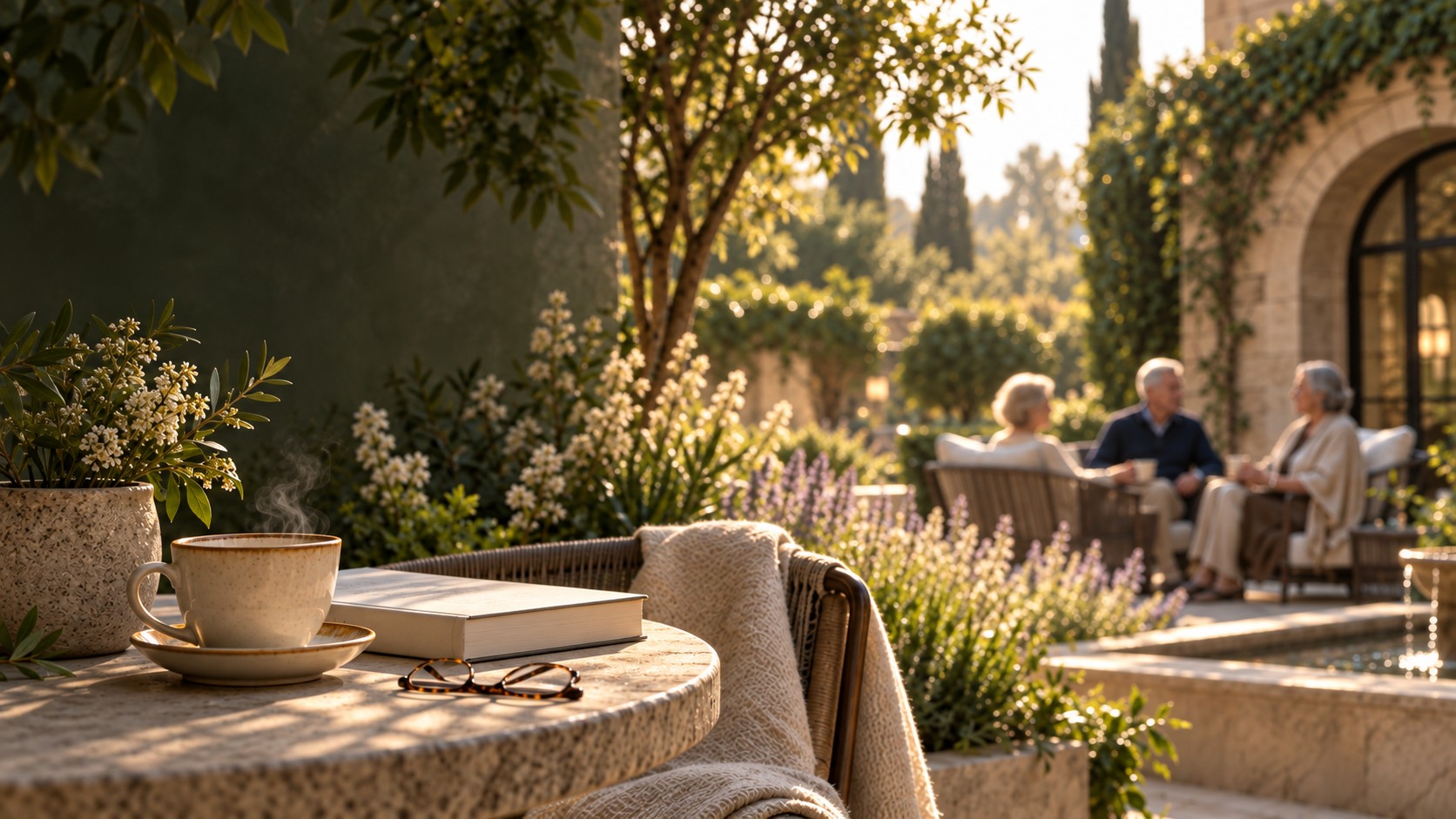 Tea and a book in a sunlit garden, with familiar company beyond