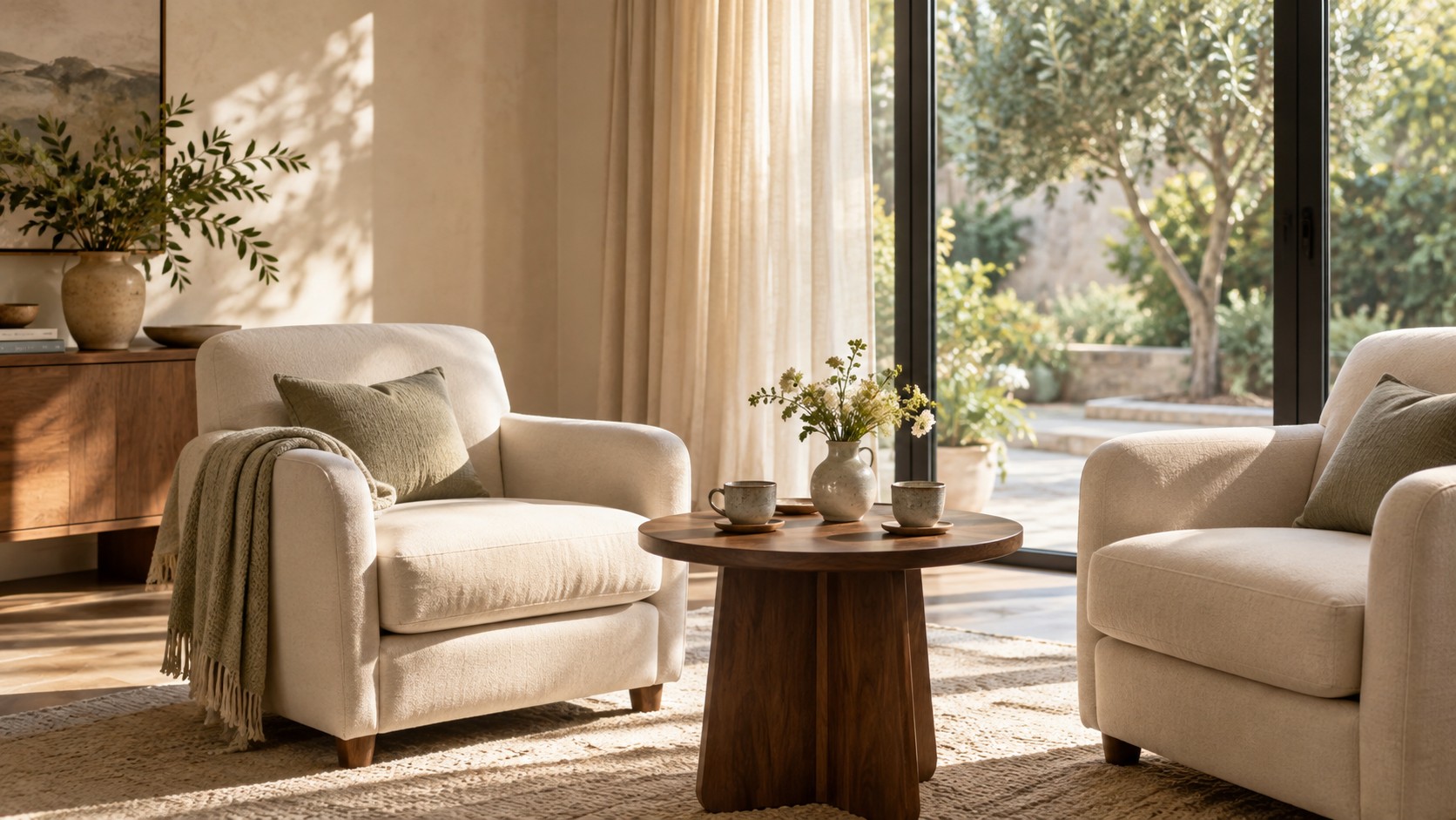 Two inviting armchairs and tea, ready for an unhurried conversation
