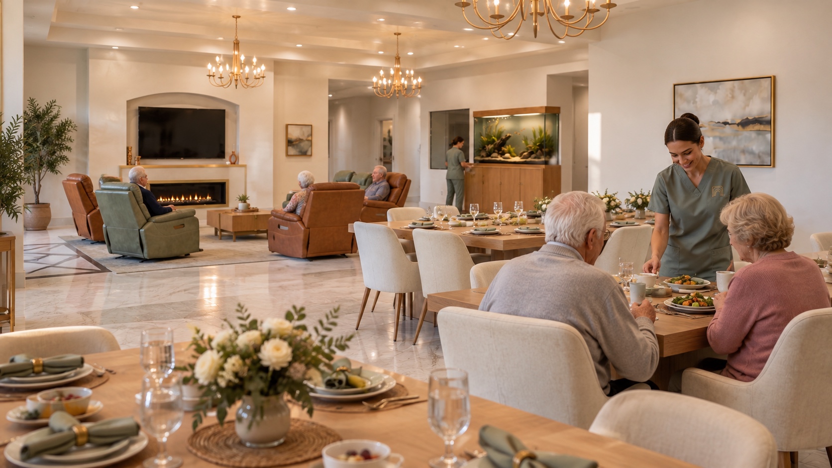 Illustrative vision of Shea Residence II: residents share a meal with an attentive caregiver in sage clothing, with the spacious living room beyond
