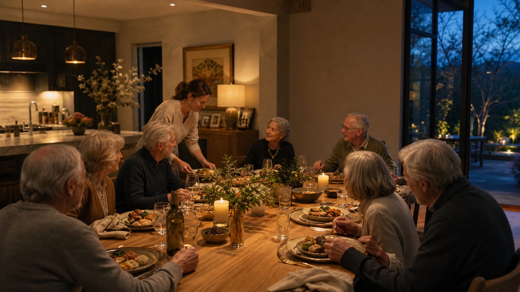 A household gathers around the table as evening falls
