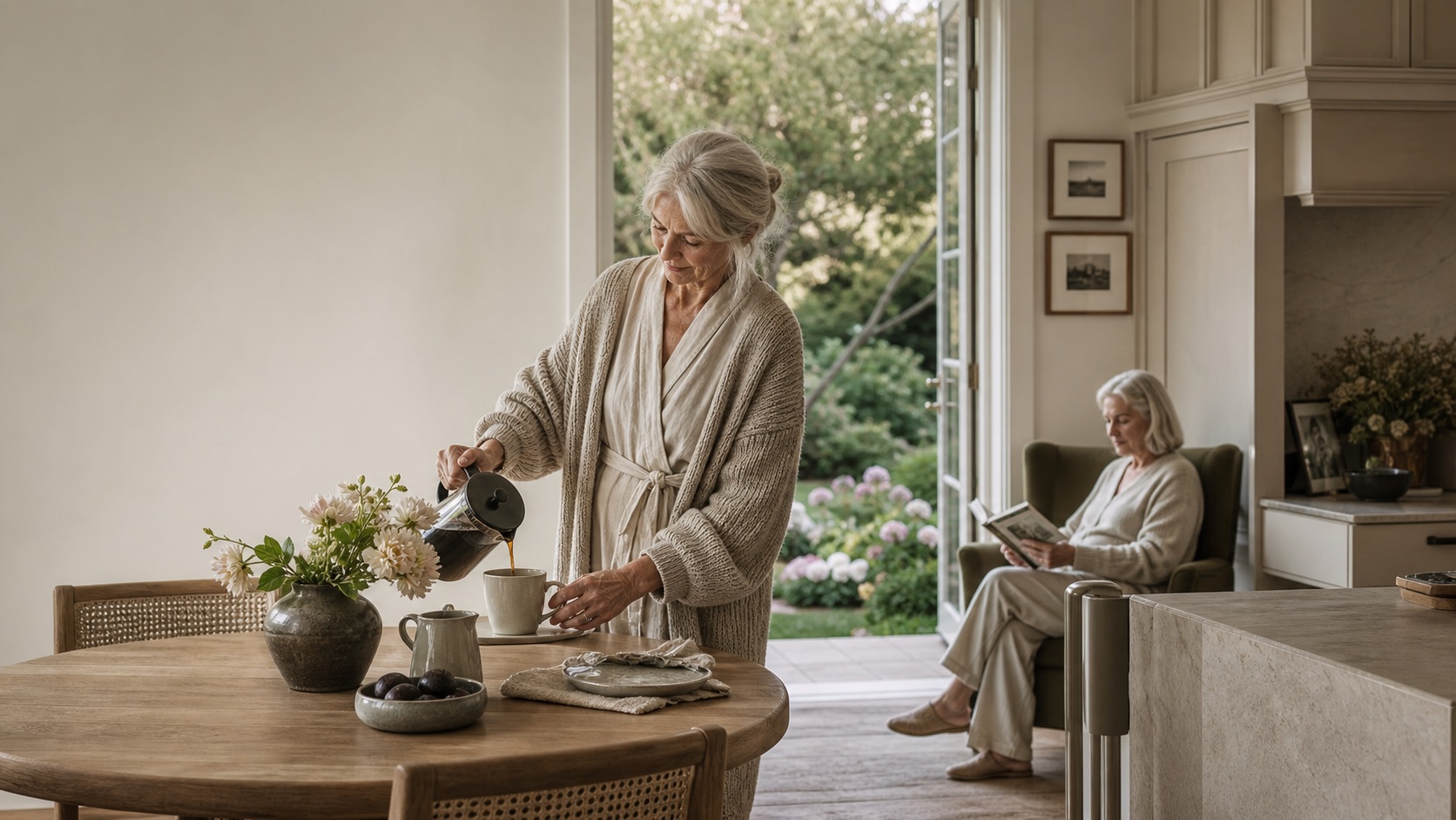 An older woman pours morning coffee in a sunlit kitchen