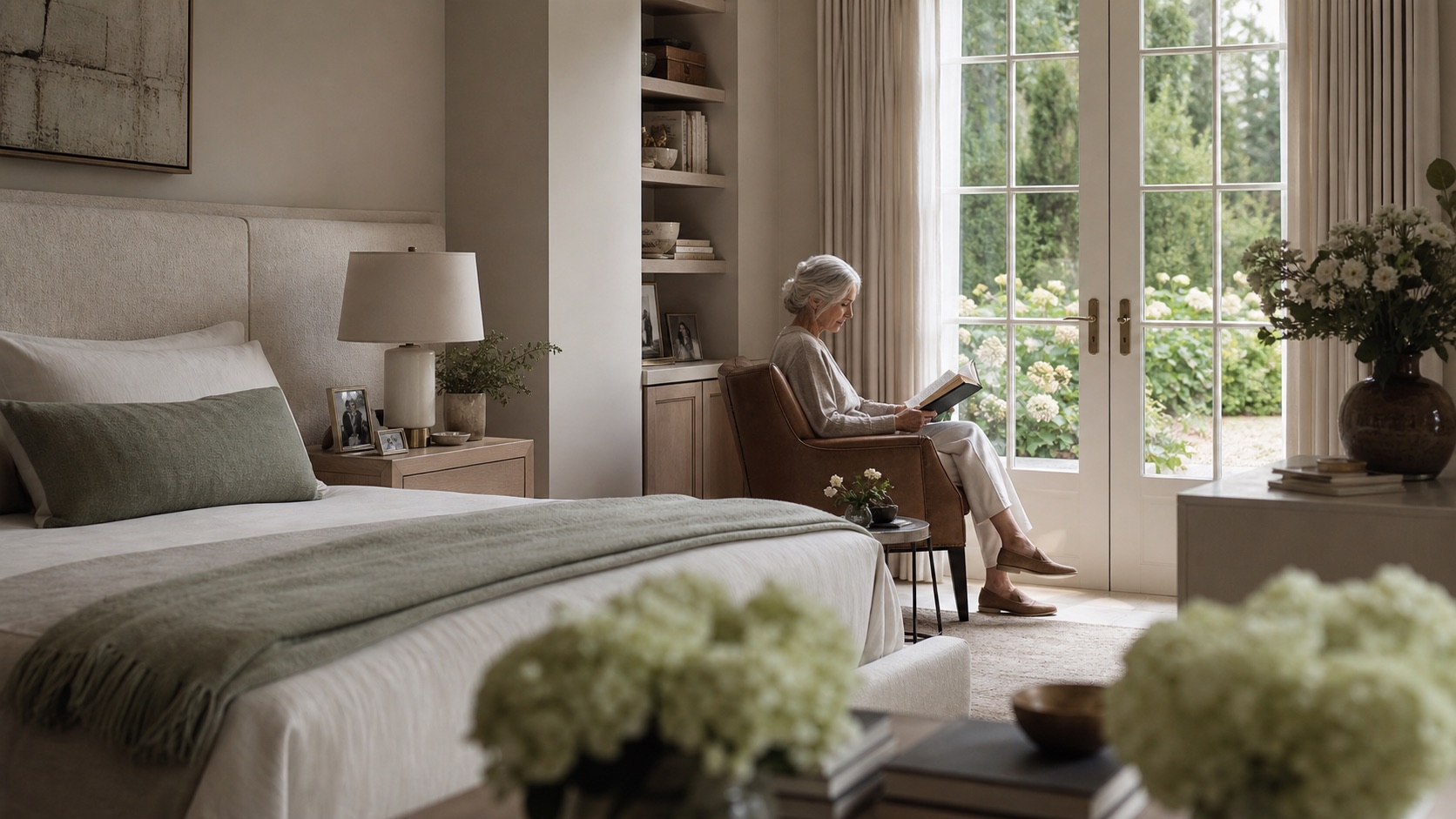 An older woman reading beside familiar belongings in a private room