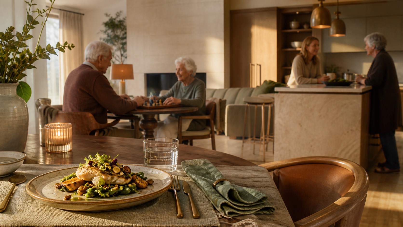 Illustrative dining scene: a freshly prepared meal in the foreground, with residents sharing a game and conversation behind