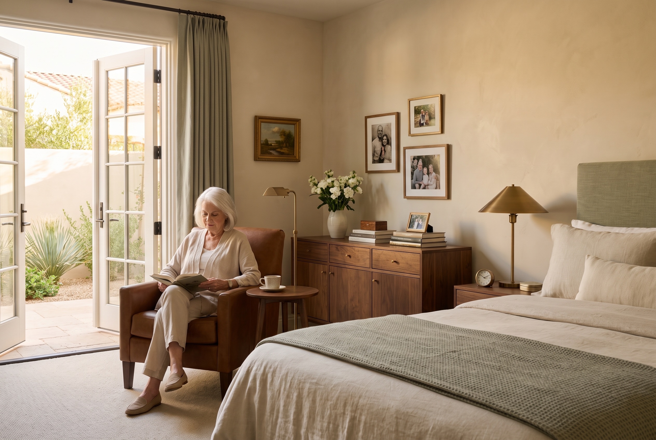 Illustrative private suite with a woman reading by open patio doors, her books and family photographs nearby