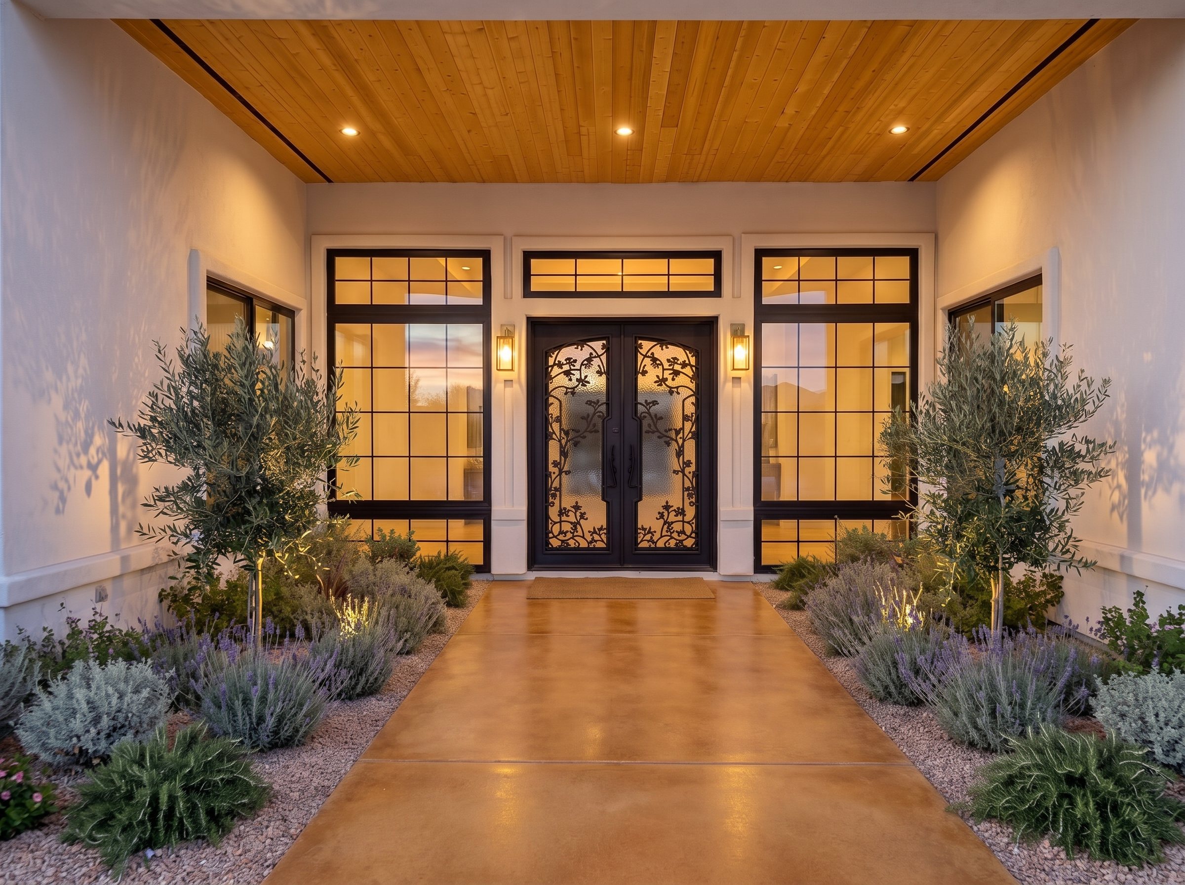 Architectural rendering of the warmly lit covered entrance to Shea Residence II