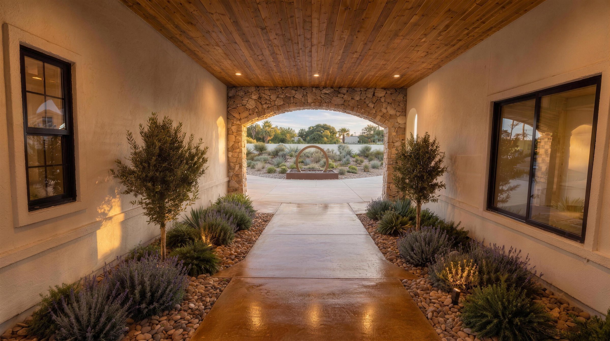 Architectural rendering looking out through Shea’s sheltered entrance toward the garden