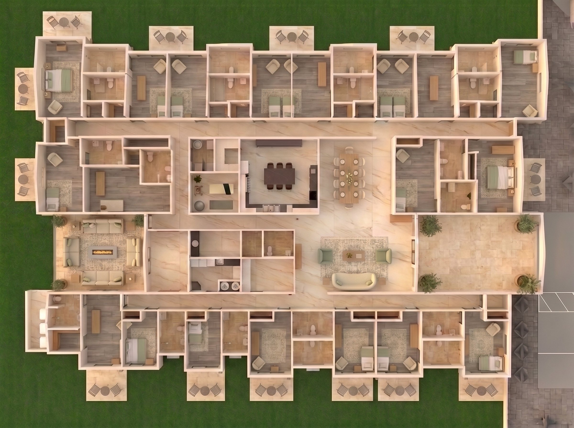 Design-vision floor plan of Shea showing private rooms around shared living spaces